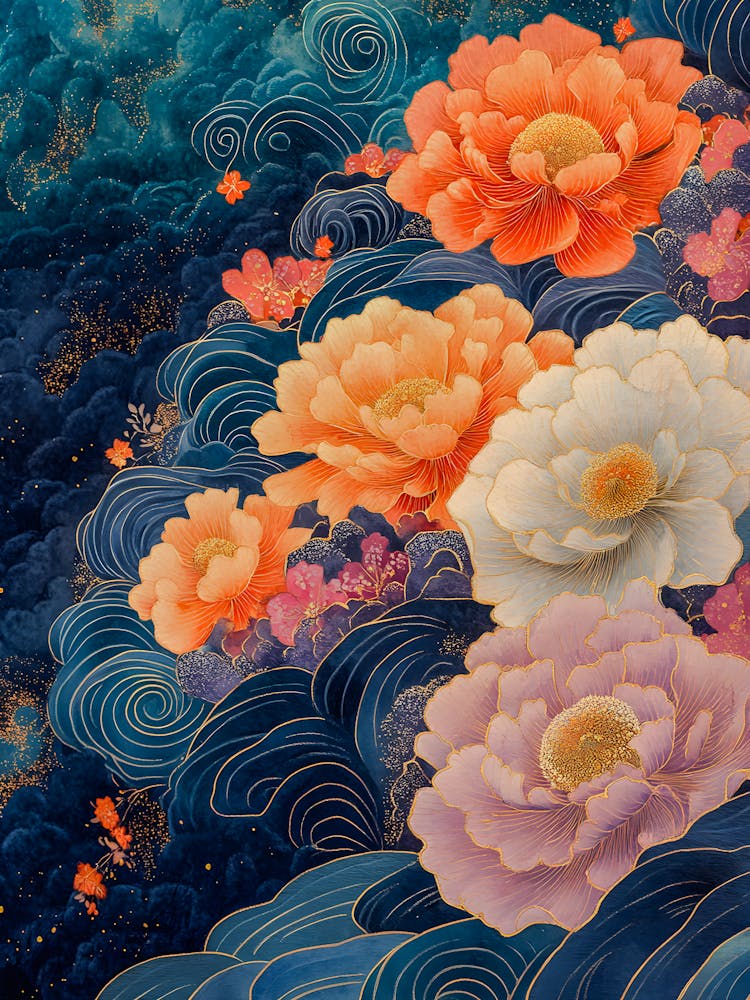 Elegant Floral Art with Peonies and Abstract Waves - Stunning Decorative Wall Art Design