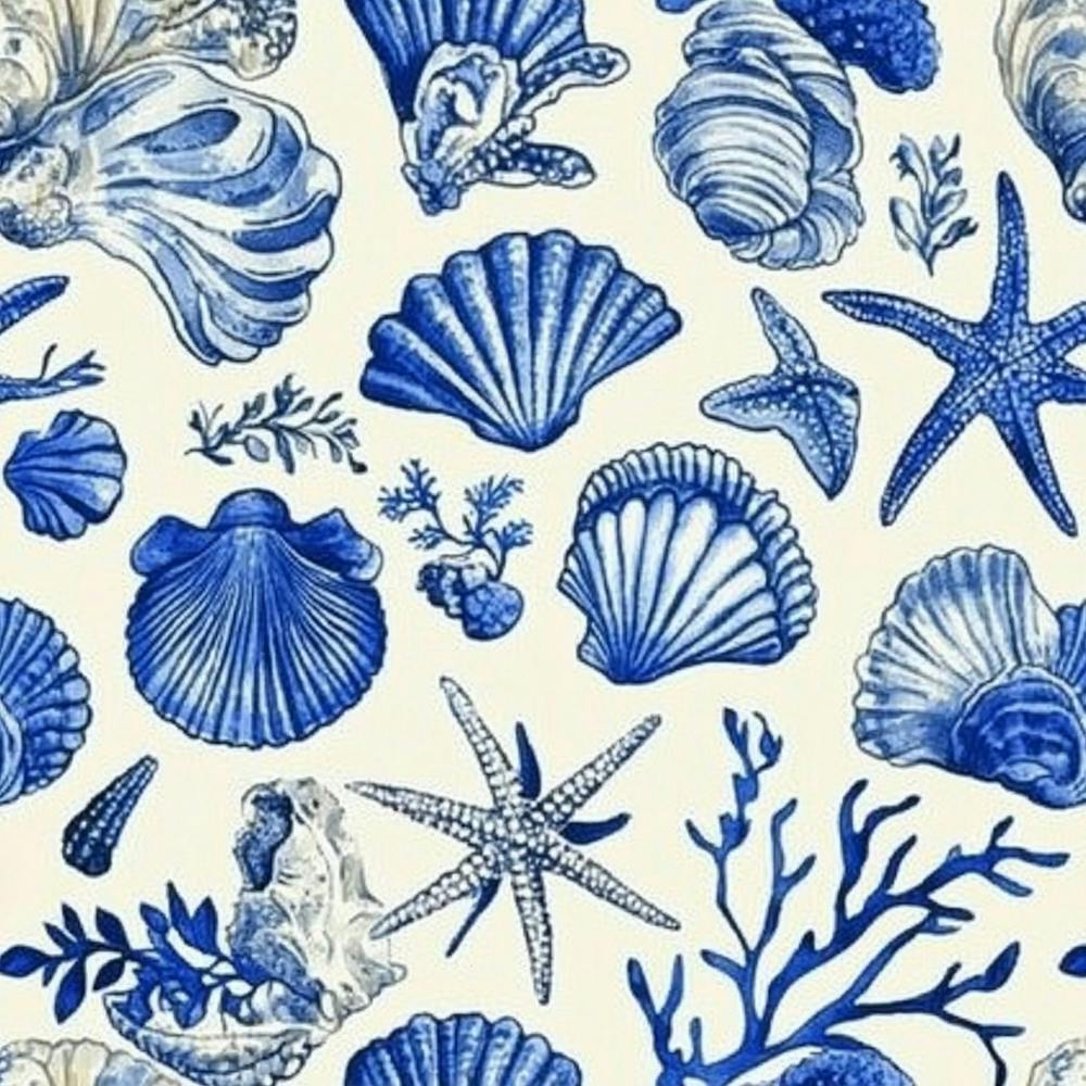 A Seamless Pattern Of Blue And White Seashells Starfish