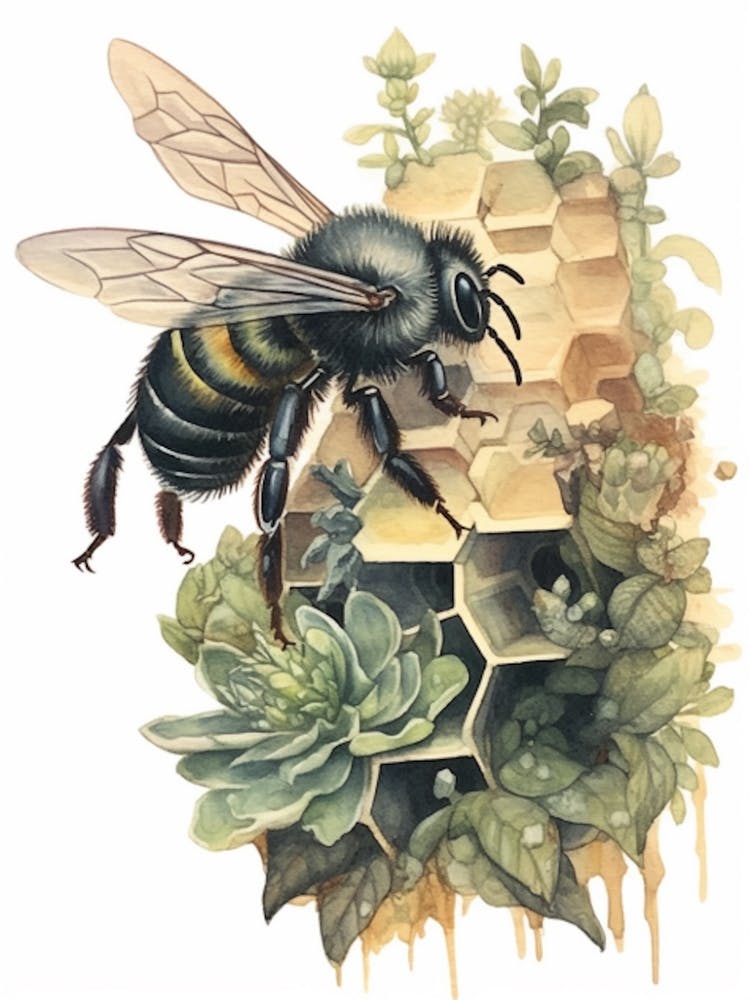 Hairy Footed Cuckoo Beehive Watercolour Illustration 1