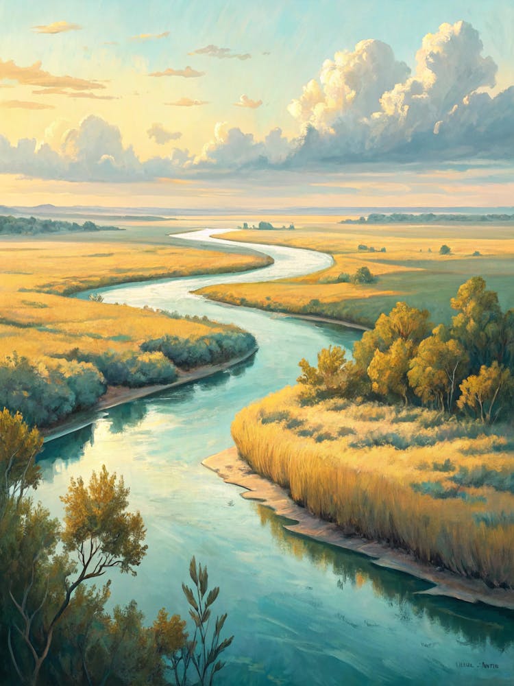 Oil Painting Style Pastel River Delta Surrounded