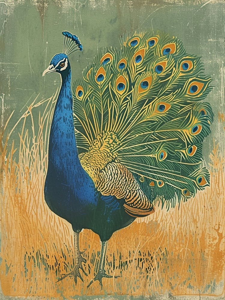 Blue Mustard Peacock In The Grass Linocut Inspired 1