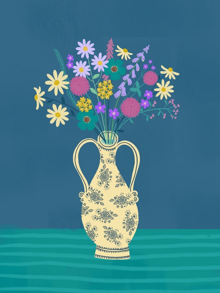 Flowers On Green And Blue