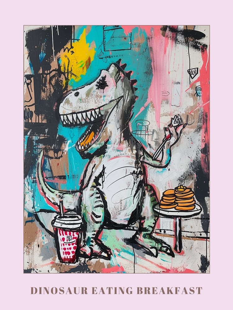 Abstract Dinosaur Eating Breakfast In A Cafe Pink Blue Purple 2 Poster
