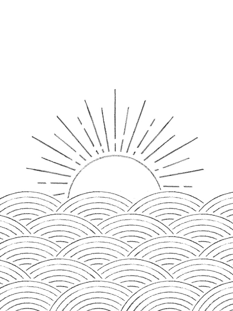 Sun Rising Over Waves, line art mimimalist