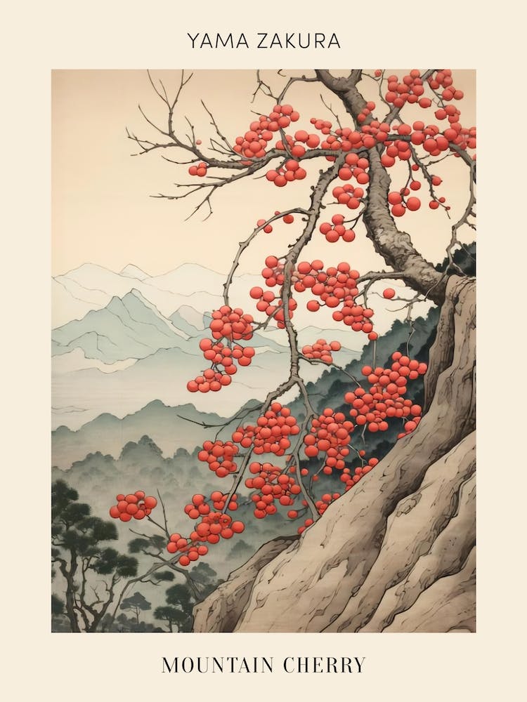 Yama Zakura Mountain Cherry 3 Vinatge Japanese Botanical Poster