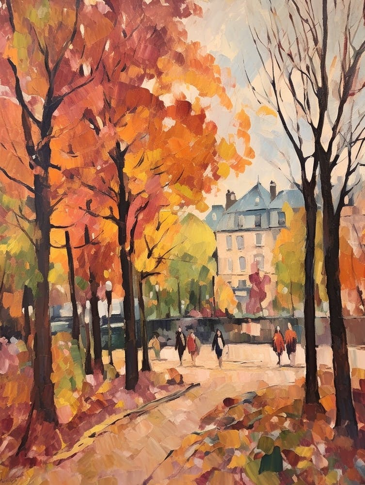 Autumn City Park Painting Parc De Belleville Paris France 1