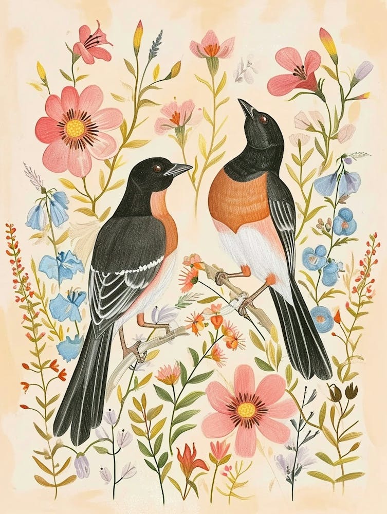Folksy Floral Animal Drawing Magpie