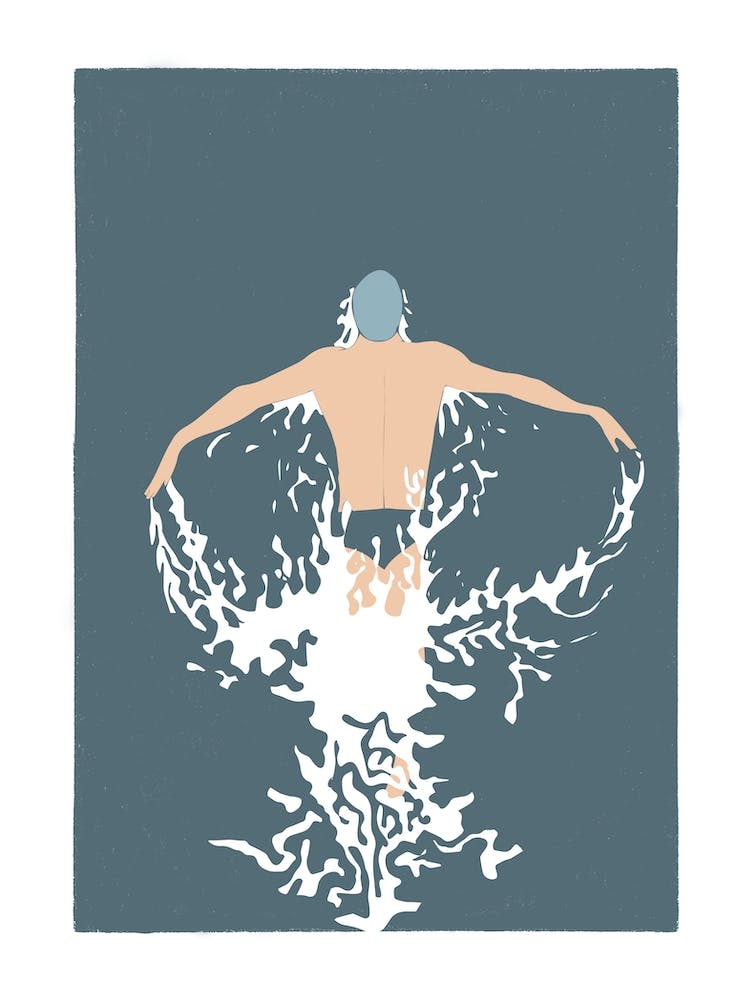 Wild swimming man in retro art deco style