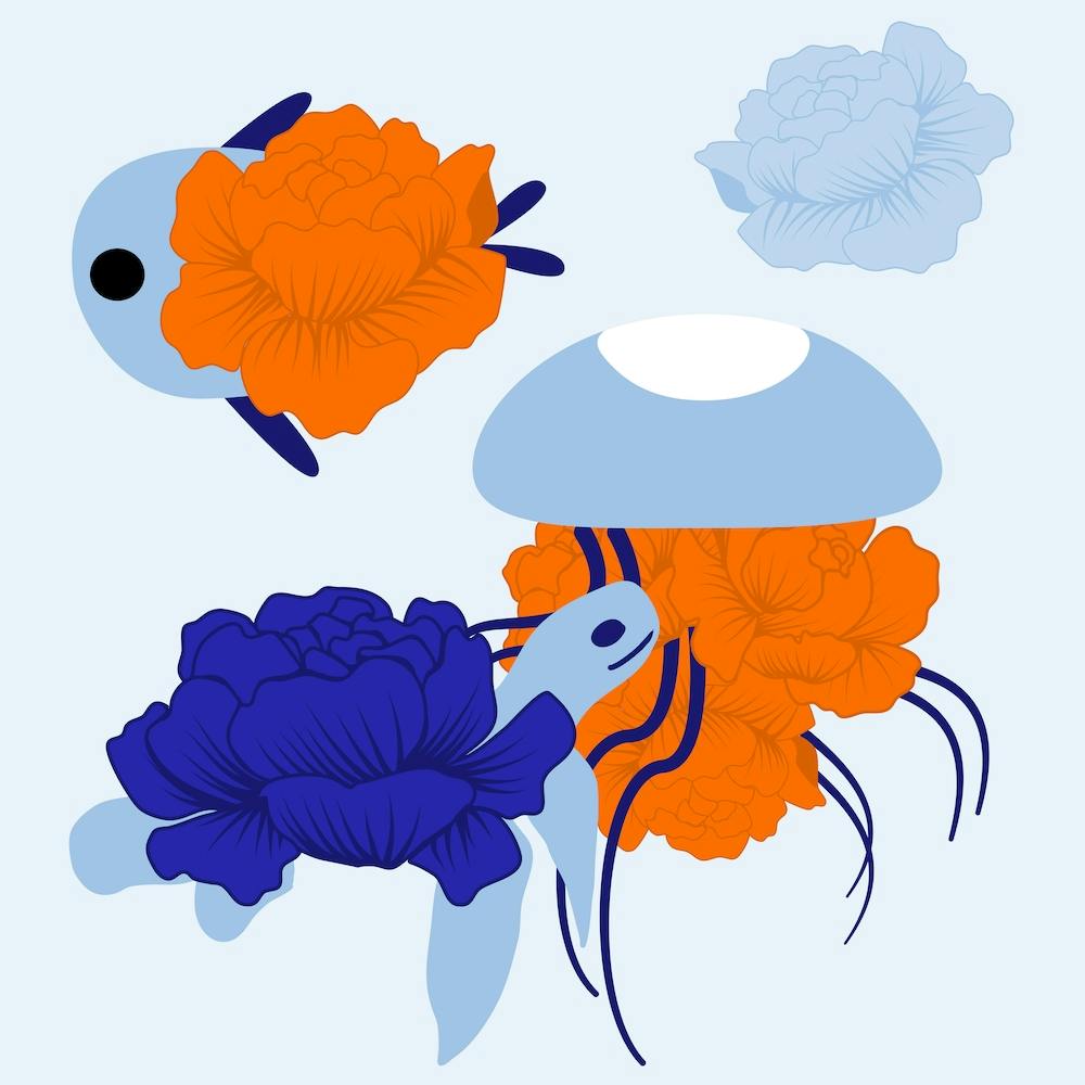 Flower Fish And Blue Peonie Square