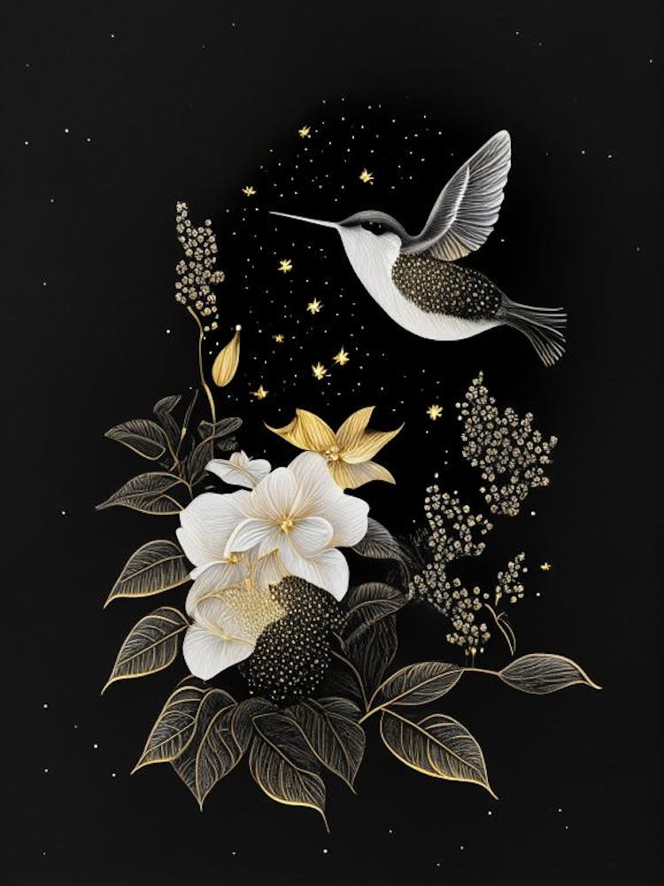 Hummingbird In Moonlit Night Vintage Gold & Black