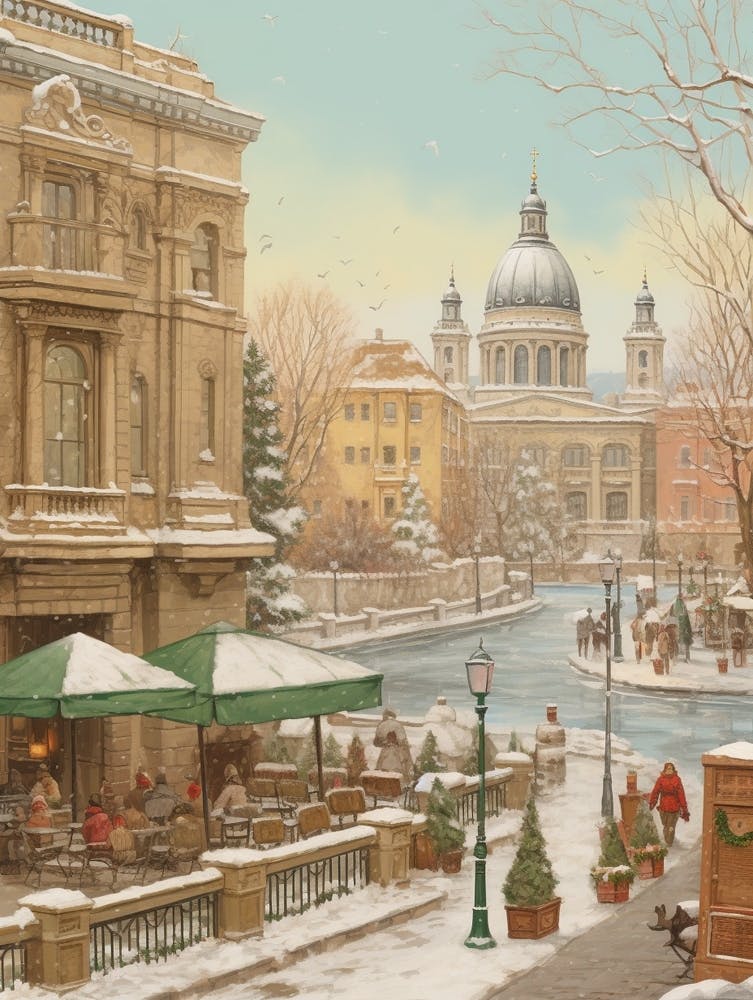Vintage Winter Illustration Budapest Hungary 5
