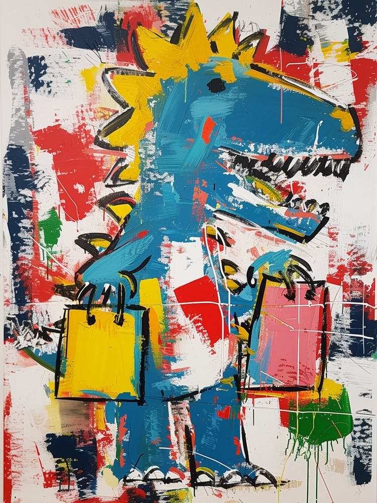Dinosaur Shopping With Shopping Bags Abstract Painting 1