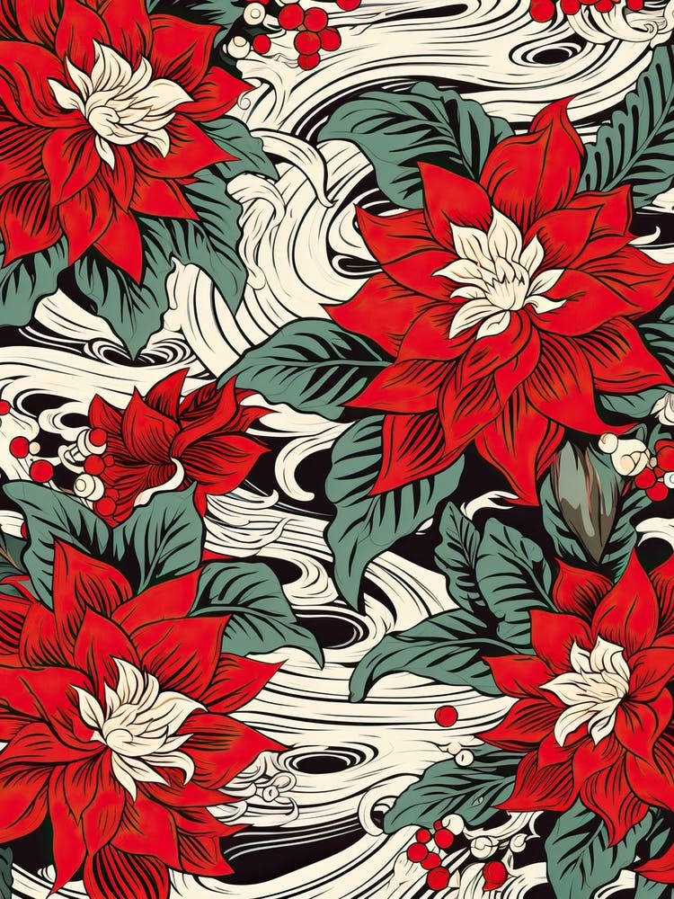 Great Wave With Poinsettia Flower Drawing In The Style Of Ukiyo E 4