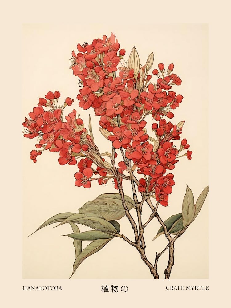 Hanakotoba Crape Myrtle 1 Vintage Japanese Botanical Poster