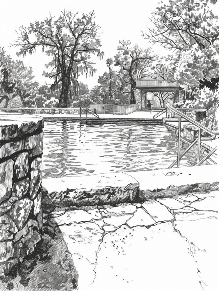 Barton Springs Pool Austin Texas Black And White Drawing 4