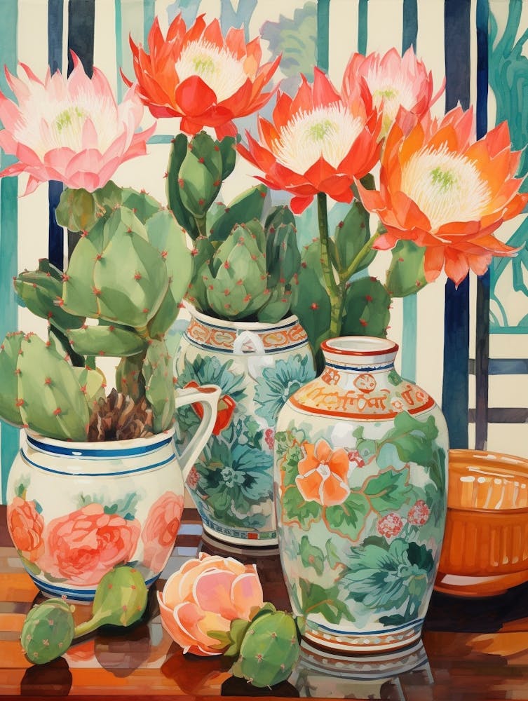 Cactus Painting Maximalist Still Life Gymnocalycium Cactus 1