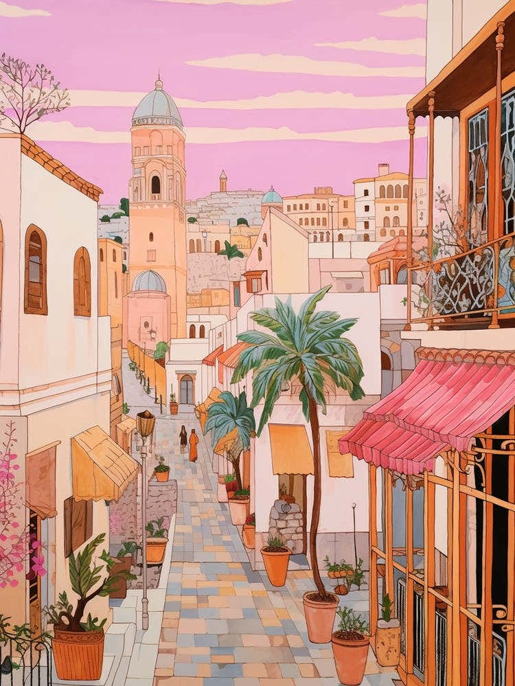 Tunis Tunisia 2 Vintage Pink Travel Illustration