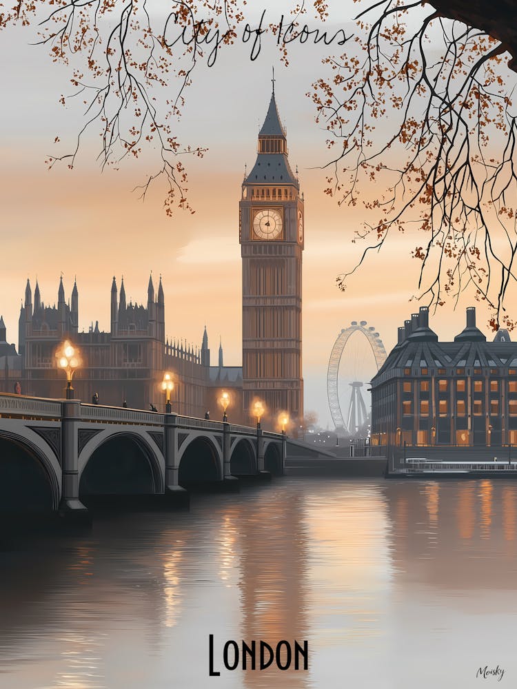 London At Sunset, minimalist soft tones palette, watercolor poster