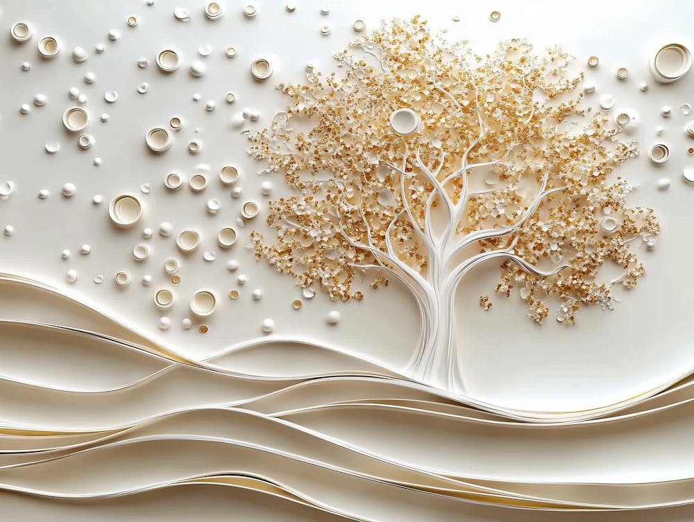 3d White and Gold Tree Life, 3d Art Gold Tree and White Circles High