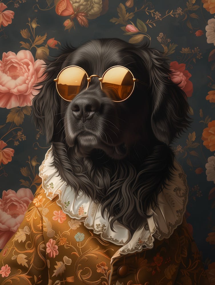Highly Stylized And Anthropomorphized Portrayal Of A Newfoundland Dog, Human Like Qualities, Positioned In A Regal Pose Against A Floral Background, A Touch Of Elegance And Softness, Wearing Round, Ornate Su 1