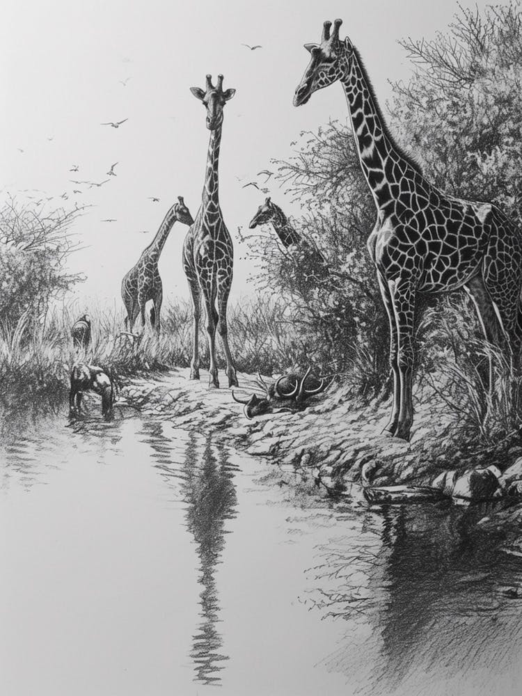 Giraffes Inspecting Their Reflection Pencil Drawing 1