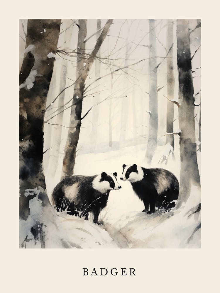 Winter Watercolour Badger 3 Poster