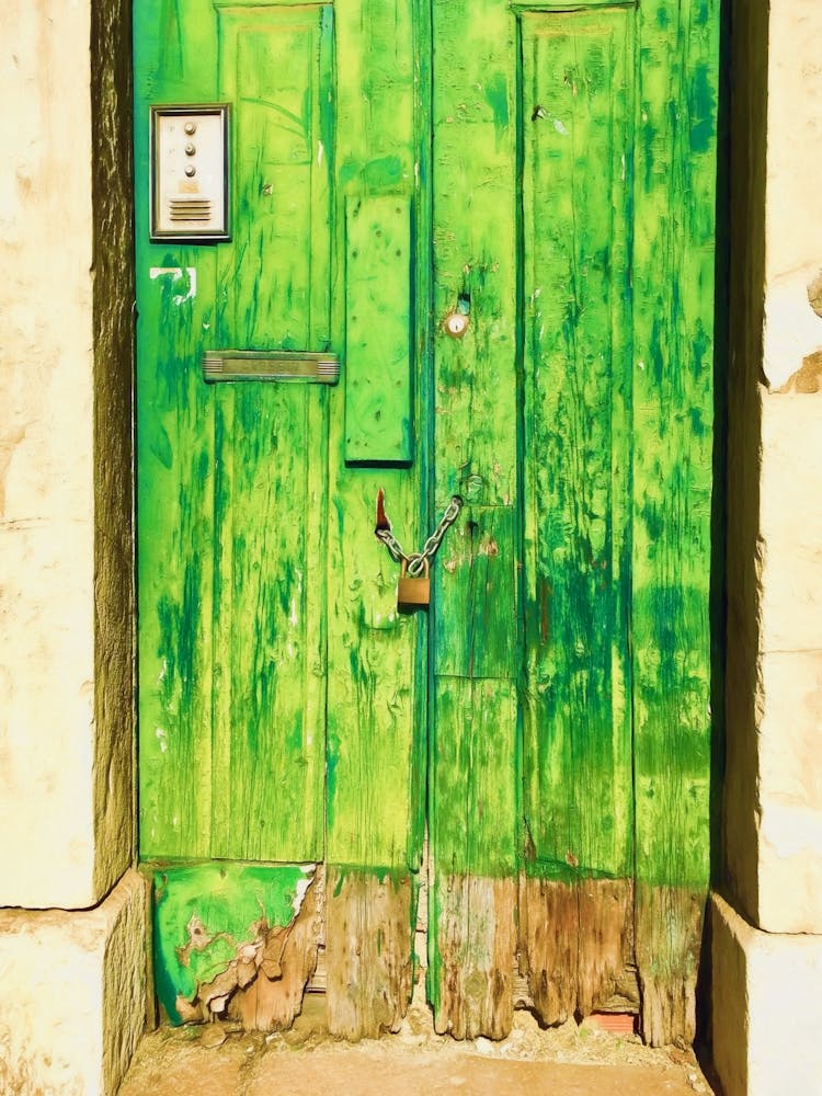 Rotting Green Painted Wooden Door