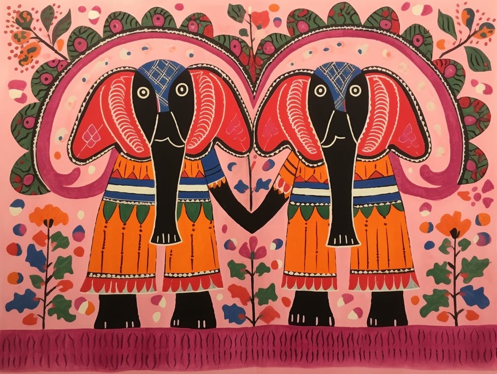 Elephant 2 Folk Style Animal Illustration