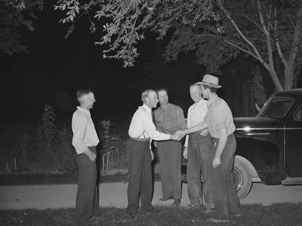 Mormon Farmers Arriving For Meeting, They Own A Cooperative Stallion Bought With A Fsa (Farm Security