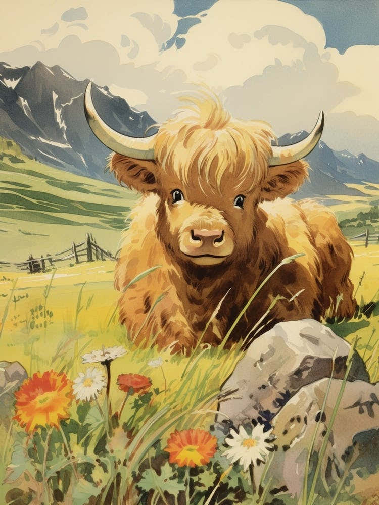Cute Highland Cow In Flowery Field