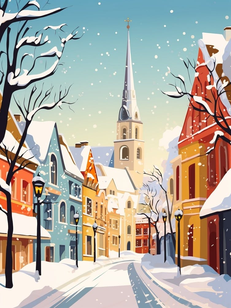 Vintage Winter Travel Illustration Tallinn Estonia 4