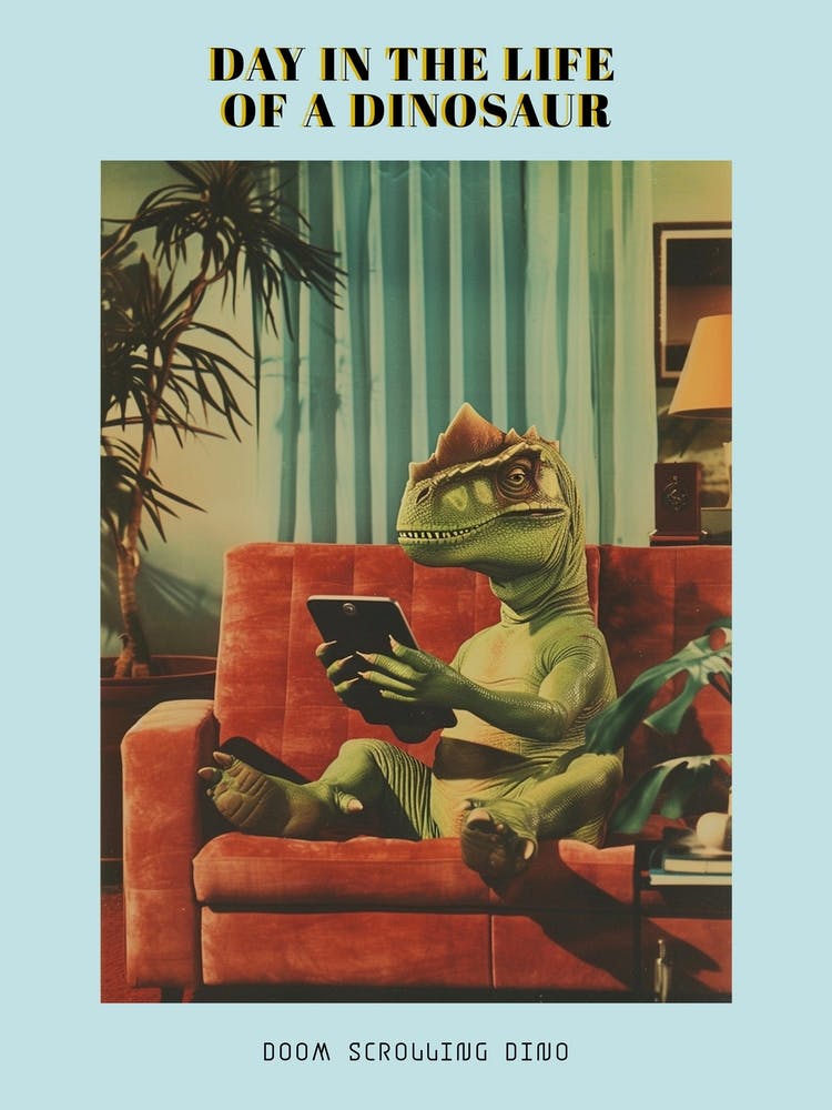 Dinosaur On A Tablet Retro Collage Poster