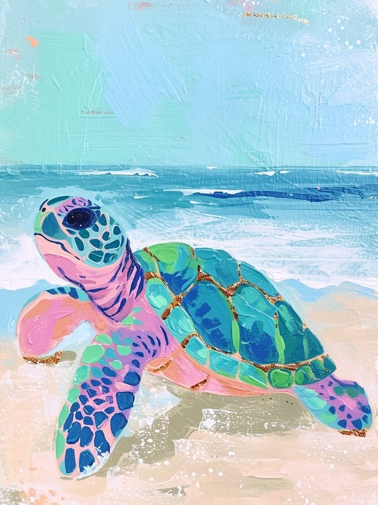 Cute Acrylic Style Painting Of A Sea Turtle On The Beach