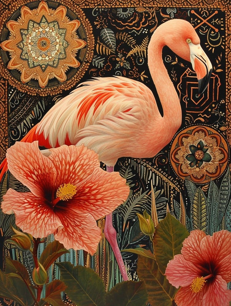 Greater Flamingo And Hibiscus Boho Print 4
