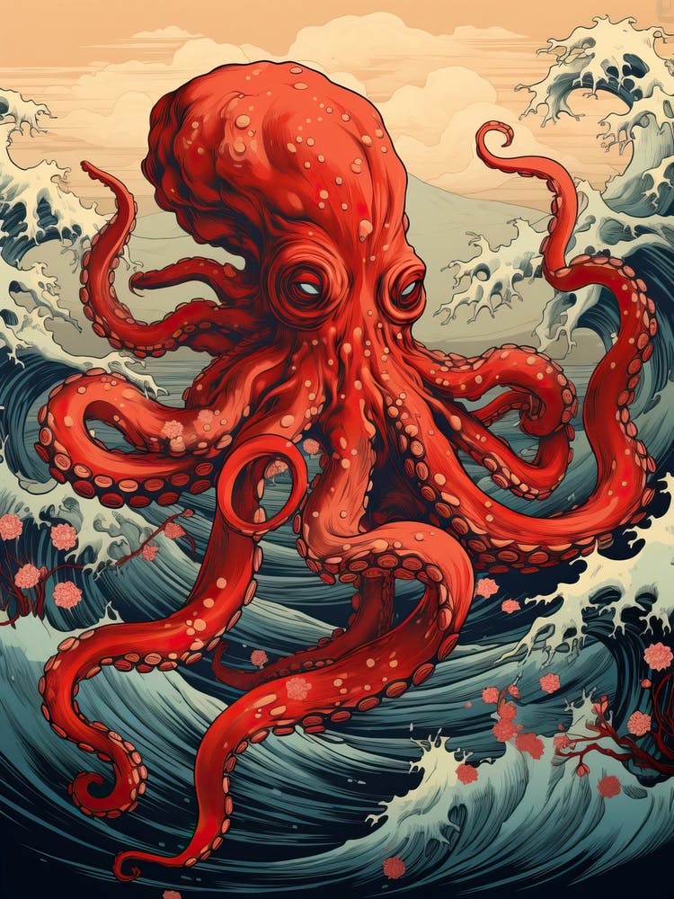 Octopus Animal Drawing In The Style Of Ukiyo E 2