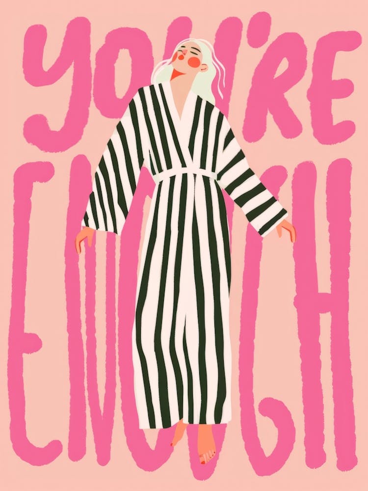 You'Re Enough. Frau schläft in einem gestreiften Kleid. Gouache-Illustration mit Zitat