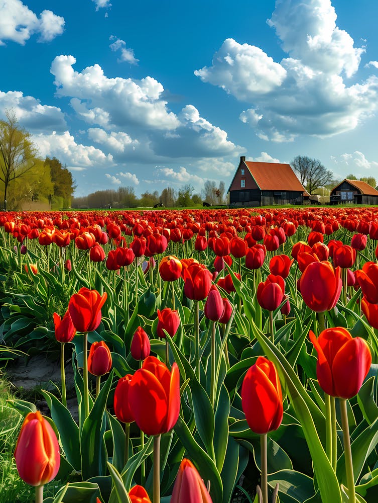 Red Tulips In The Field