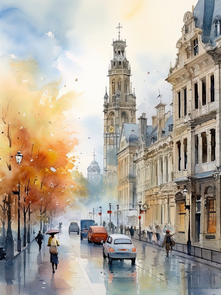 Brussels Belgium In Autumn Fall, Watercolour 3