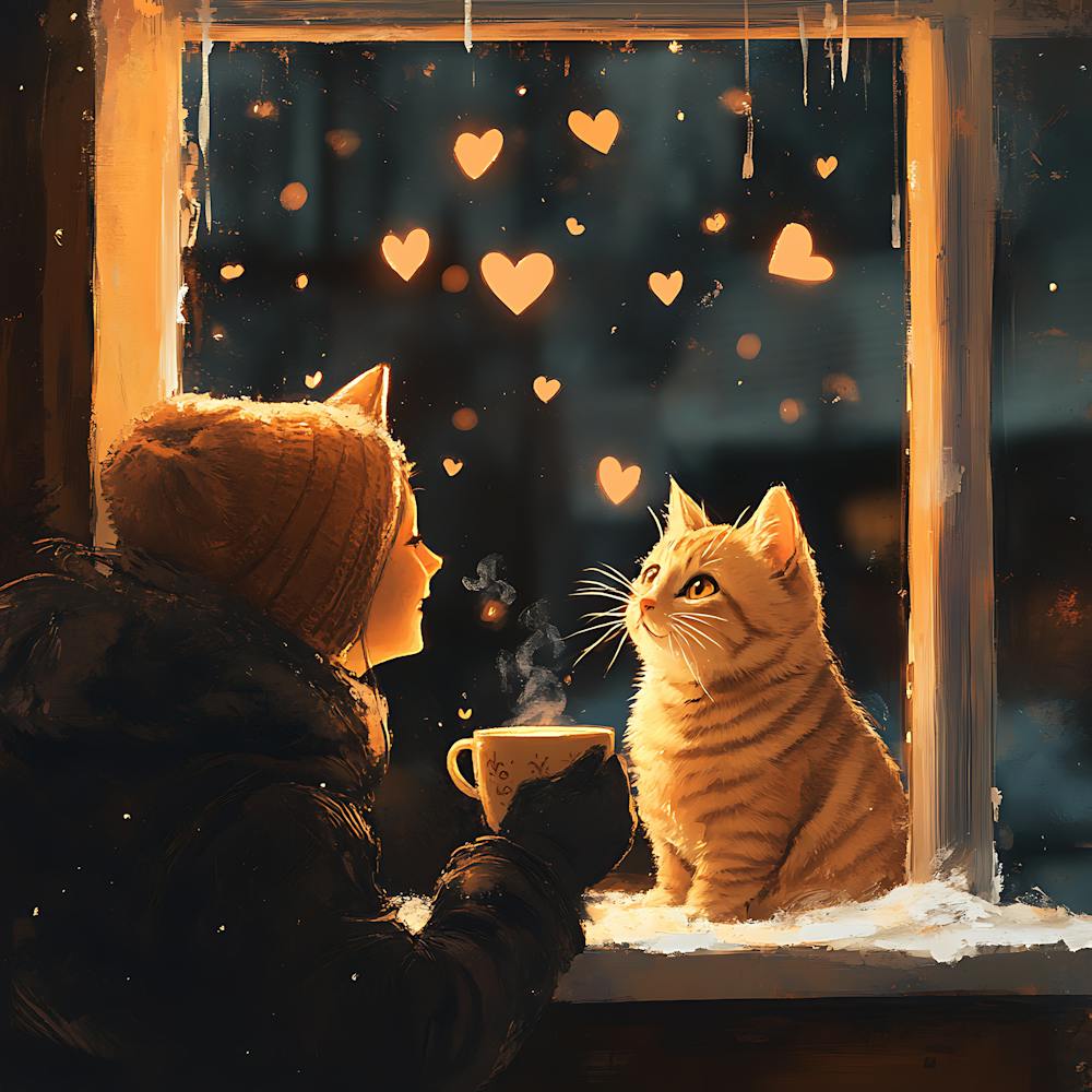 Cat and Person Sharing Hot Cocoa Artwork 3