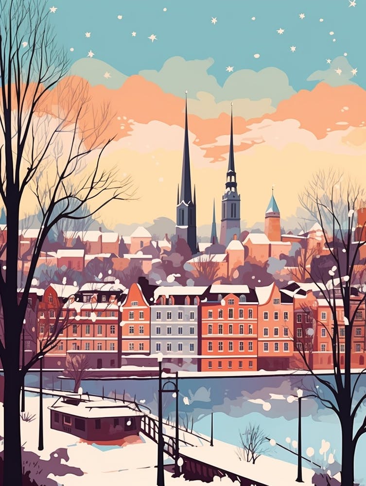 Vintage Winter Travel Illustration Hamburg Germany 2
