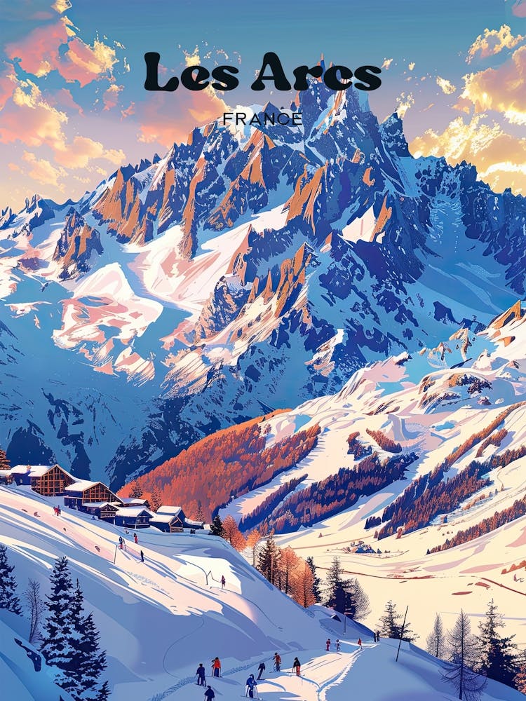 Les Arcs France Snow Mountain Travel Illustration