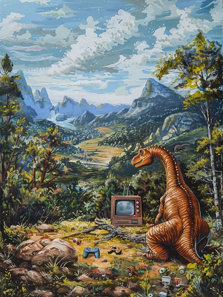 Dinosaur Playing Video Games In The Wild Painting