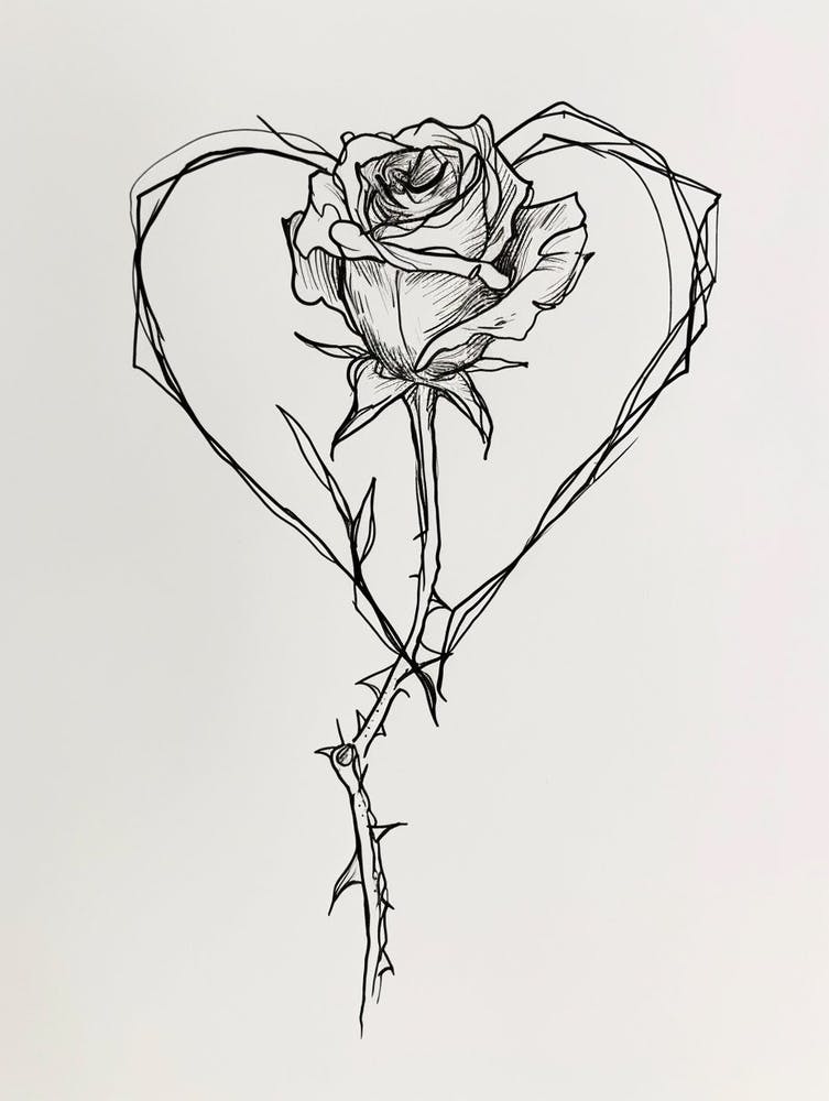 English Rose In A Heart Line Drawing 4