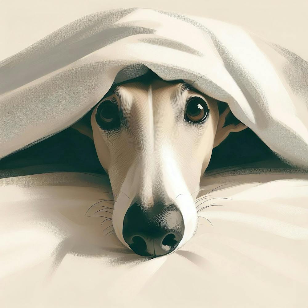 Whippet / Greyhound Snoozing Under Blanket / Peaking Sighthound in Neutral Tones