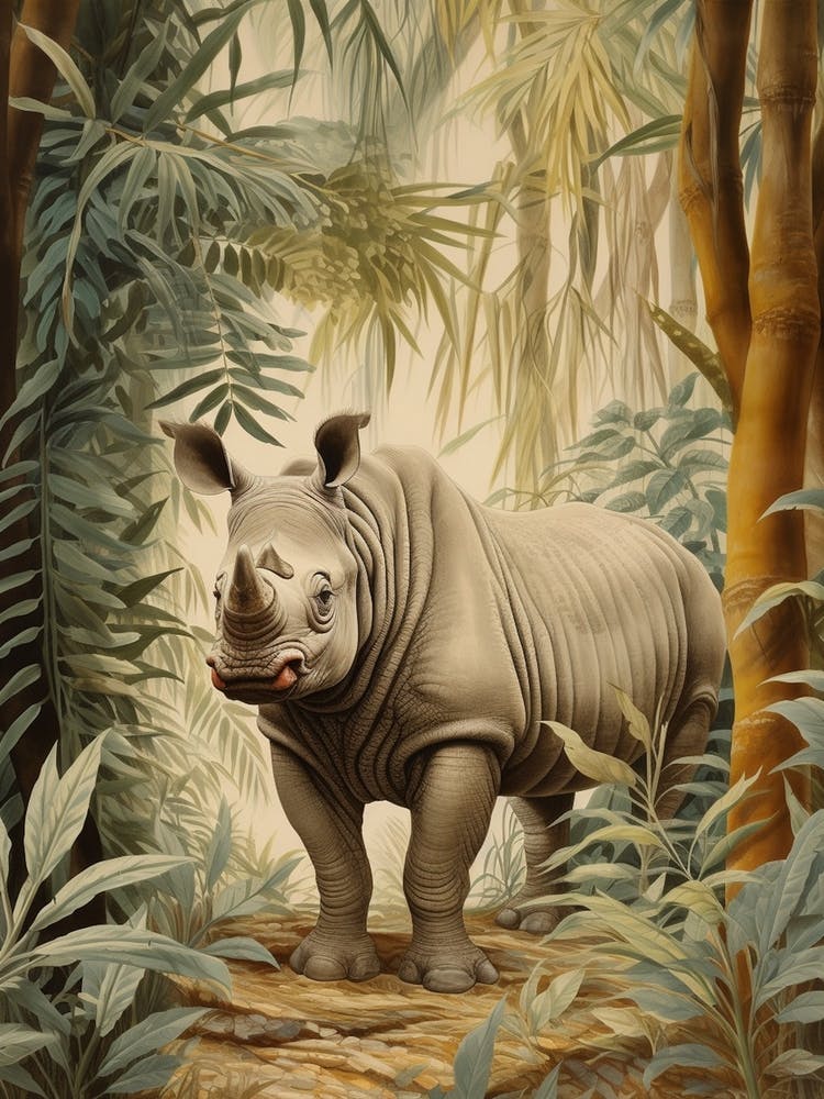 Rhino Peeking Out From Behind The Leaves 1