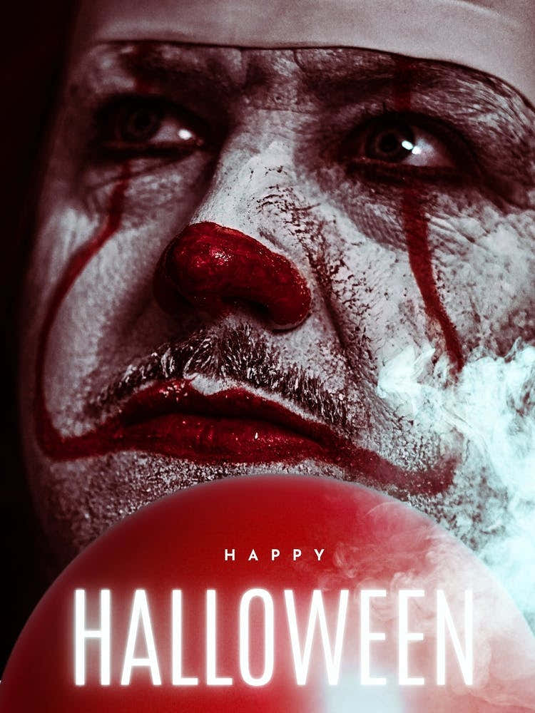 Happy Halloween Clown | CreepyClown, SpookyArt, HalloweenDecor, CircusNightmare, HauntedCarnival, ScaryClown, FrighteningFun, SinisterSmiles, ClowningAround, FreakyFestivities, HorrorArt, EerieEntertainment.