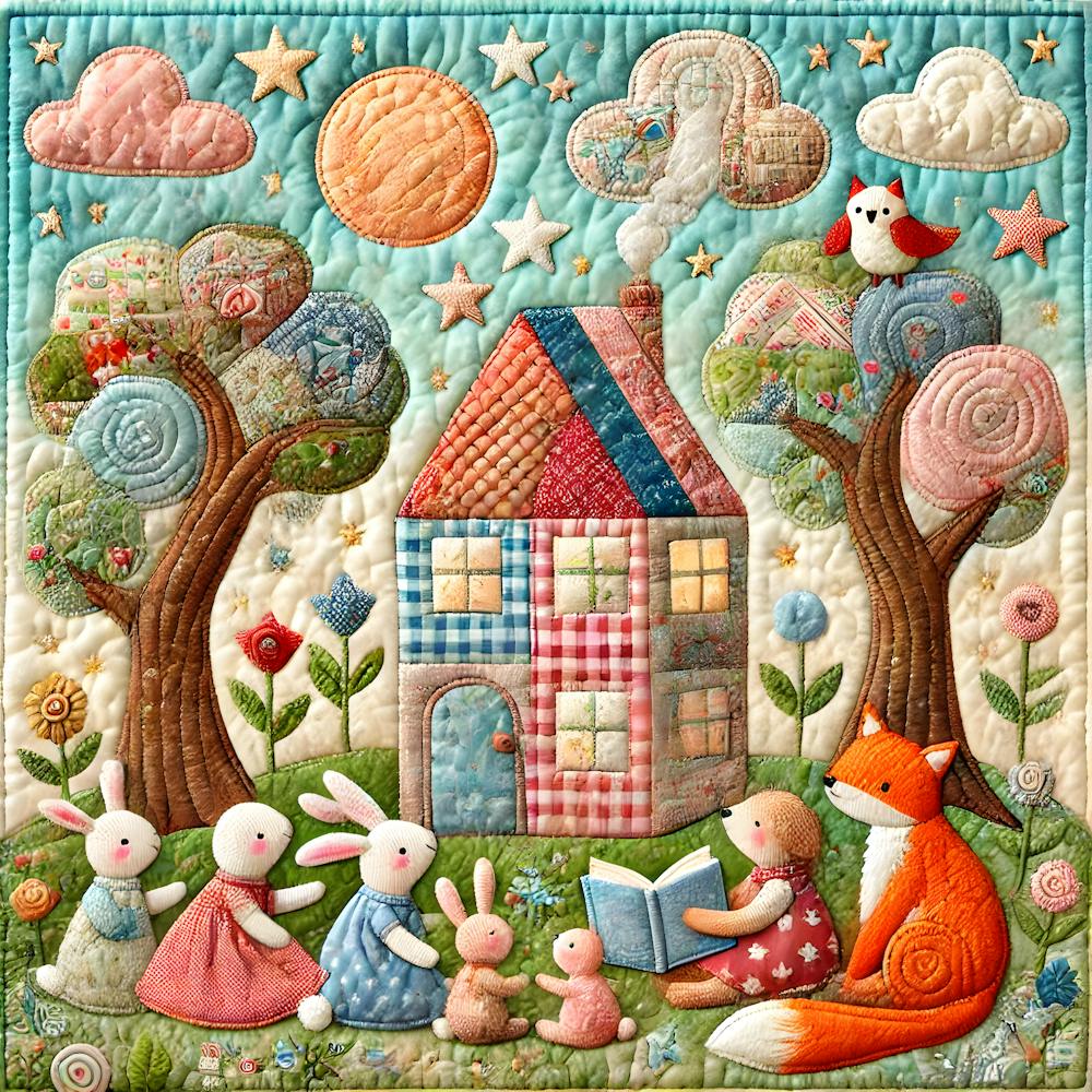 Whimsical Patchwork Storytime Illustration – Cozy Handcrafted Children’S Art, Nursery Wall Decor
