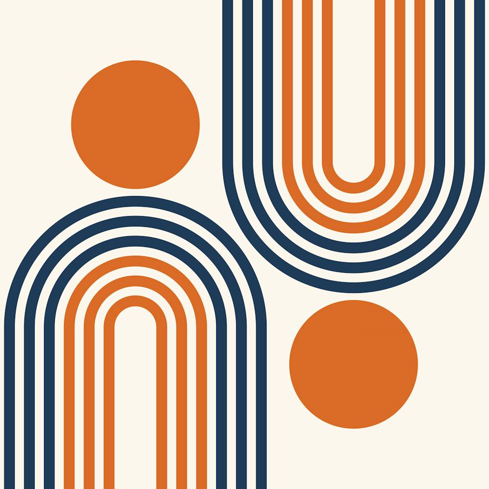 Mid Century Modern Geometric Rainbow And Sun Abstract A7 In Navy Blue Burnt Orange 02