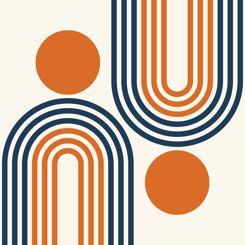 Mid Century Modern Geometric Rainbow And Sun Abstract A7 In Navy Blue Burnt Orange 02