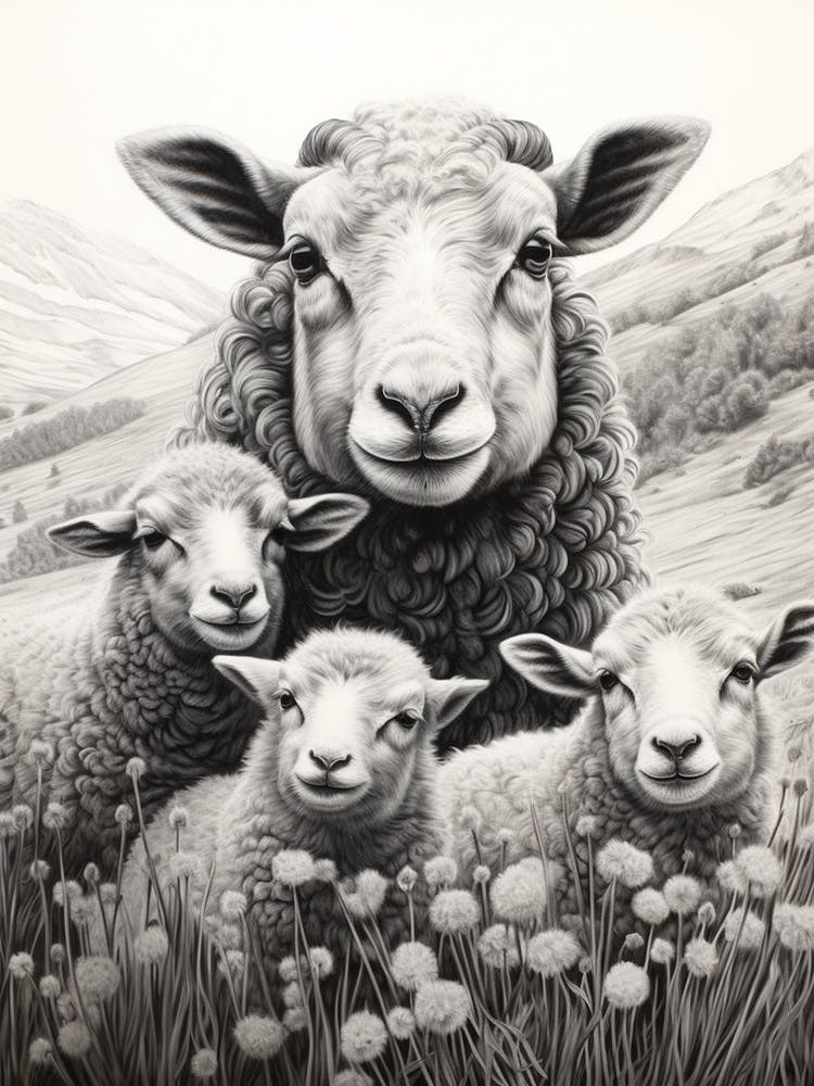 Illustration Noir & Blanc De Moutons Des Highlands Avec Agneau 1
